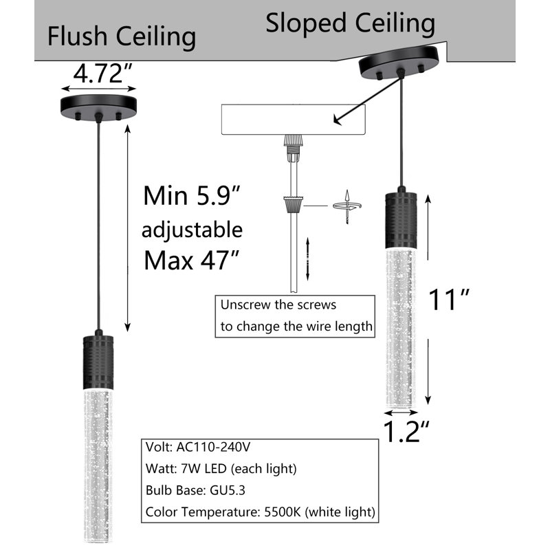 Luminaire suspendu en cristal à 3 lumières DEL (ensemble de 3), Noir mat
