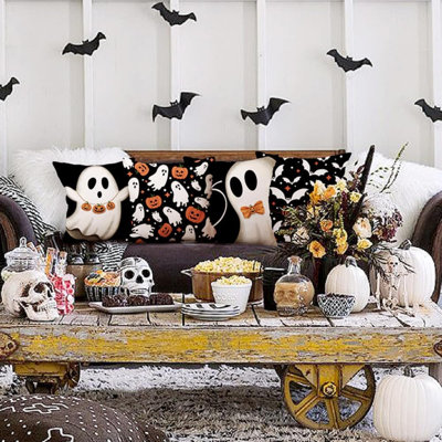 Halloween Pillow Covers 18X18 Inch Set Of 4 Halloween Decorations Ghost Pumpkins Bats Decor Holiday Pillow Case Farmhouse Decor For Home Sofa B107