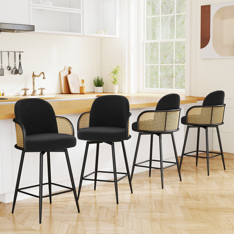 26" Mid-Century Modern Swivel Boucle Upholstered Cane Back Bar Stool with Metal Leg Frame, Black, 3