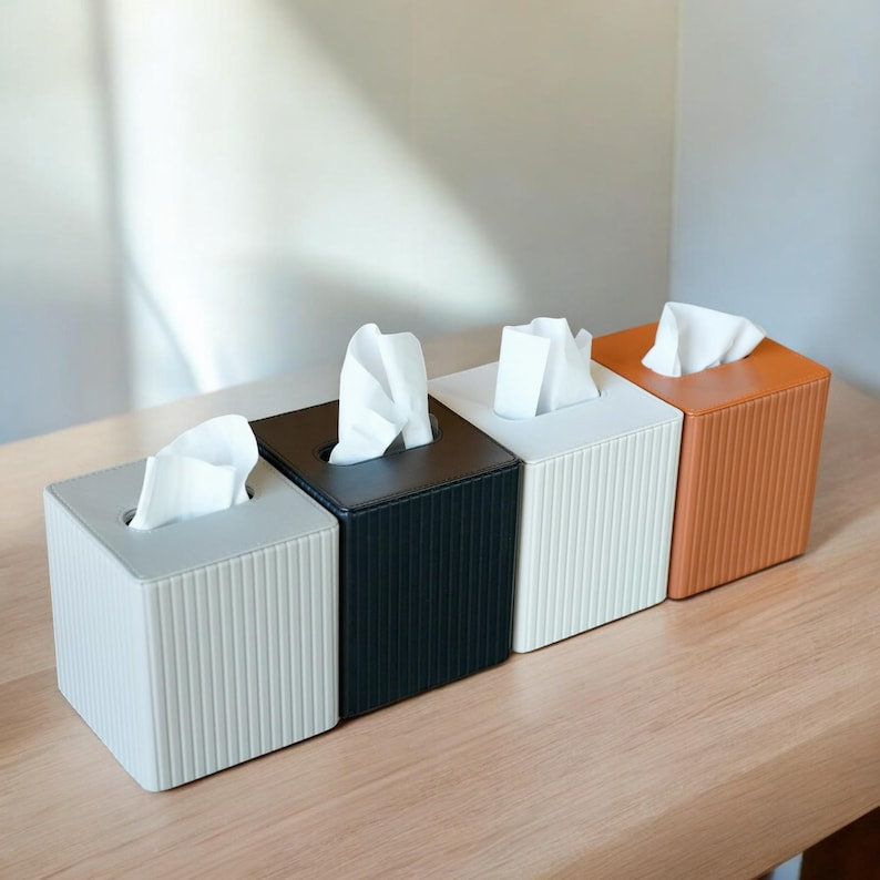 Boîte à mouchoirs en cuir PU moderne - Design carré nervuré, Gris