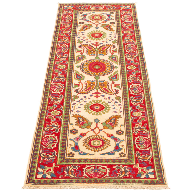 Tapis de couloir ivoire en laine noué à la main de conception unique 3 pi 1 po x 9 pi 5 po Monigue