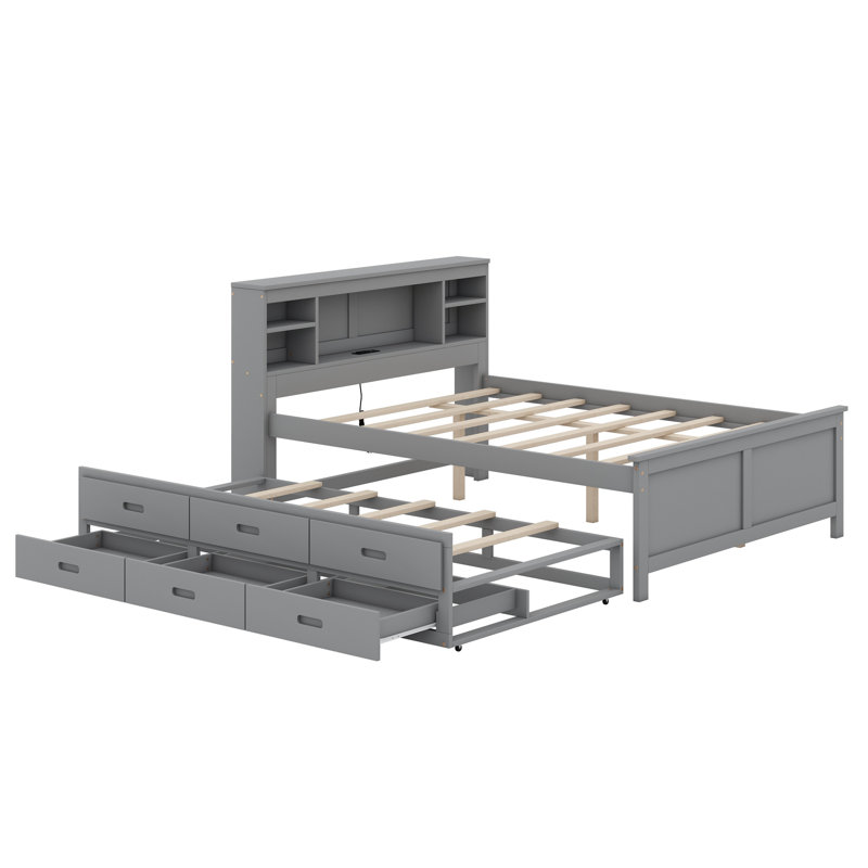  Willavene Platform Bed with Storage Headboard, USB, Twin Size Trundle and 3 Drawers, Gray, Full