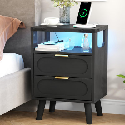 Table de chevet de 15,7 po de largeur avec prises intégrées et table à tablettes ouverte avec lumières DEL RVB