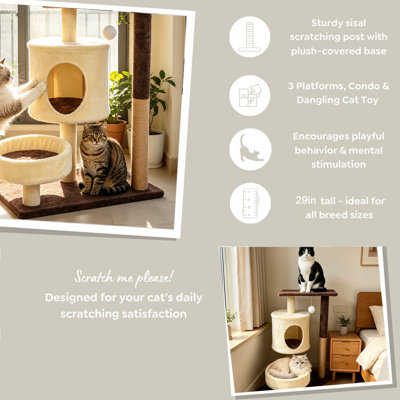 Arbre à chat multiniveaux 40 x 60 x 75 cm, tour à chat tout-en-un en sisal avec 2 zones de repos, griffoir, balle interactive en peluche, coussin amovible et lavable, mobilier d'intérieur robuste en bois pour chat