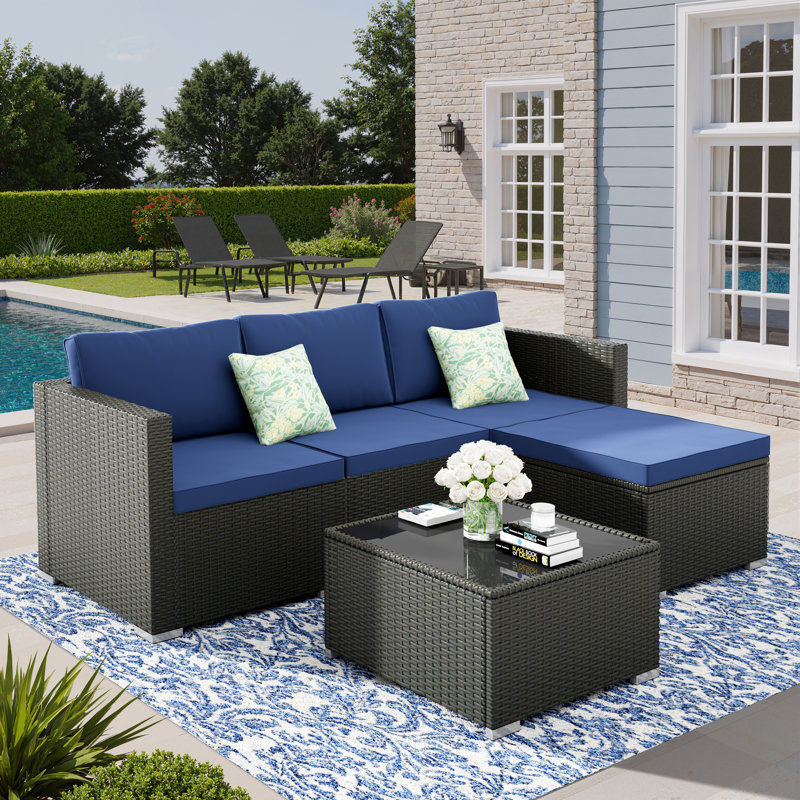 Ensemble de conversation modulaire d'extérieur 5 pièces pour 5 personnes avec coussins de patio et coussins gris, Marine