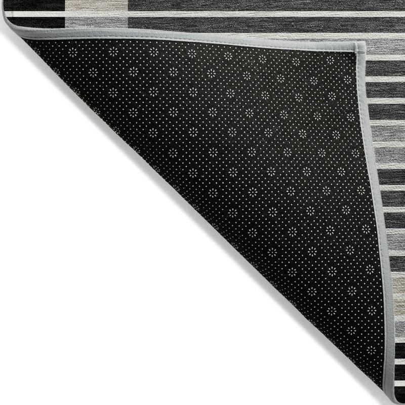 3' X 5' Black And Beige Striped Washable Indoor Outdoor Area Rug