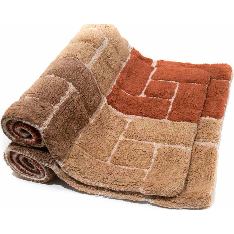 Adobe and Tan Cotton Blend Geometric Bath Rug Set