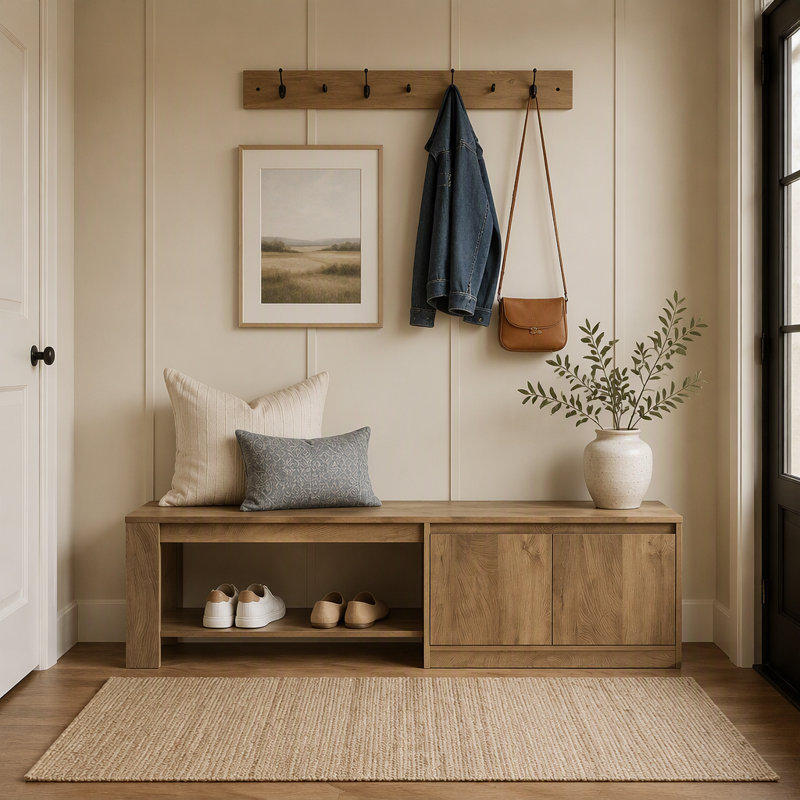 Banc de rangement pour chaussures de 63 po avec armoire et 2 tablettes ouvertes pour le couloir