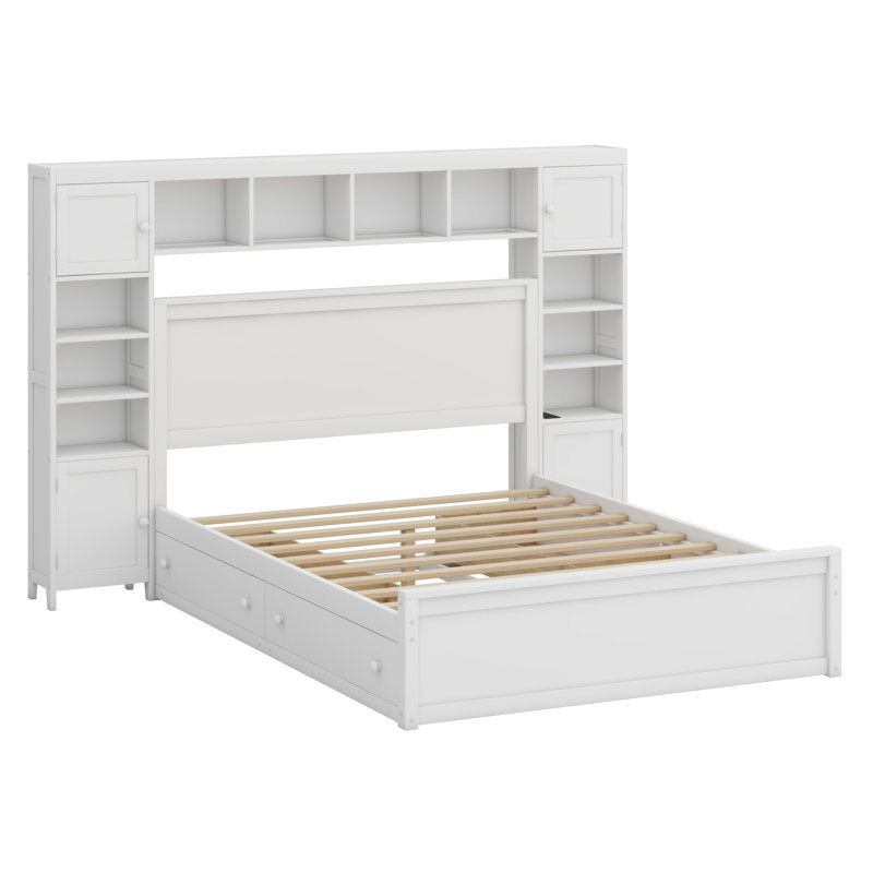 Grand lit en bois avec armoire, tablette et prises tout-en-un, Blanc