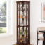 Armoire de coin de salon en cerisier foncé - vitrine en verre avec tablettes réglables et portes vitrées lumineuses