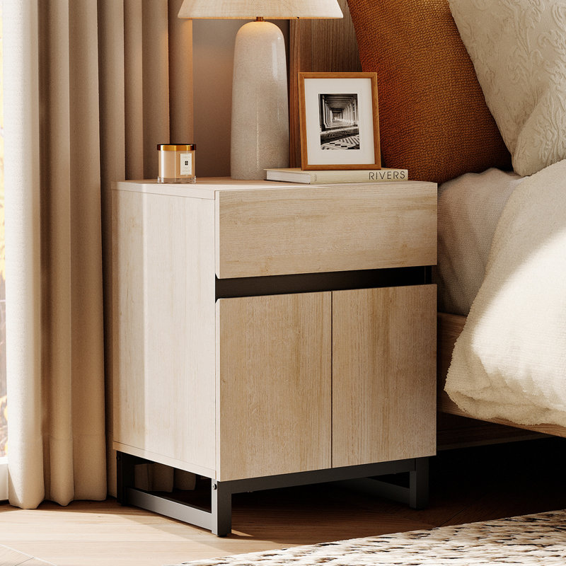 Table de chevet avec 1 tiroir et 1 armoire de rangement Aadam, Beige, Individuel