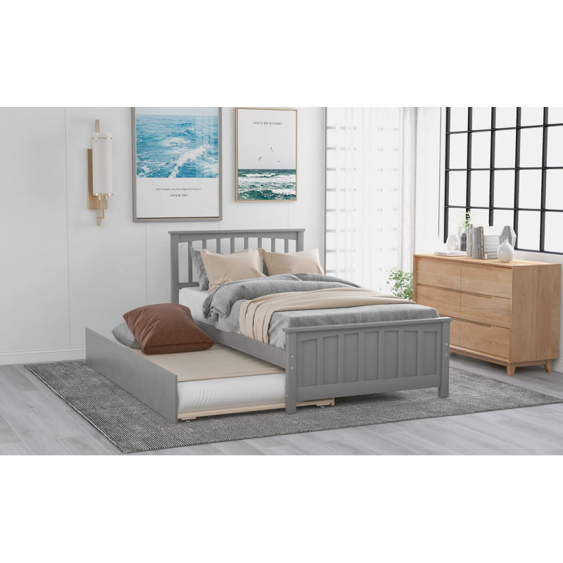 Lit plateforme élégant en bois avec lit gigogne, aucun sommier requis, Gris
