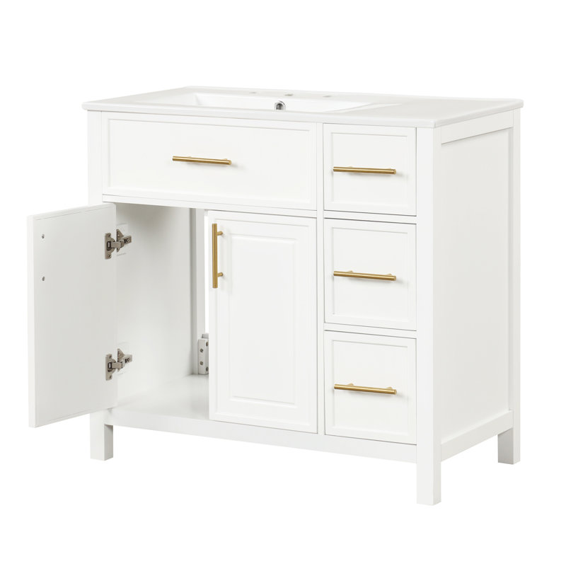 36 Inch Single Bathroom Vanity With Ceramic Sink Top, Bathroom Vanity Cabinet With 3 Drawers And 2 Doors, White