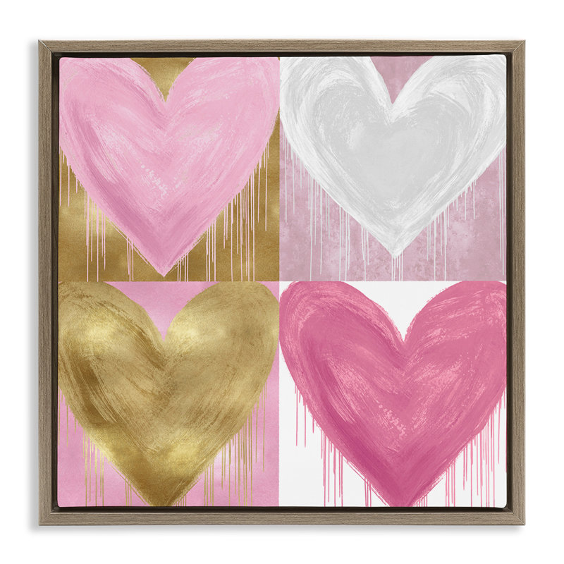 «Pink & Gold Glam Hearts», encadrée dorée sur toile flottante par Lindsay Rodgers, Cadre flottant orme Montalcino