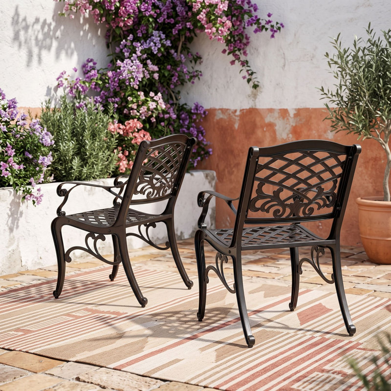 Ensemble de 2 fauteuils d'extérieur avec volutes élégantes, treillis classique, motifs floraux et structures résistantes à la rouille