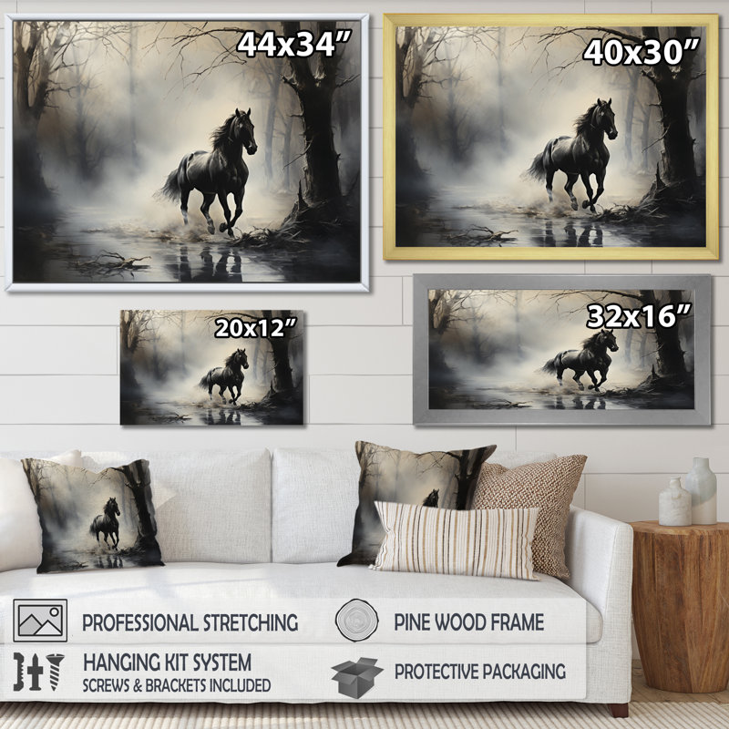 «Gray Horse Misty Morning Canter I», art mural encadré, H 30 po x l 40 po x P 1,5 po, Cadre flottant noir