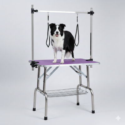 Table de toilettage pliable de 42 pouces convenant aux canines et aux félins, structure en acier inoxydable, surface de la plateforme avec revêtement en caoutchouc, fournie avec un bras et des pinces réglables, disponible en mauve