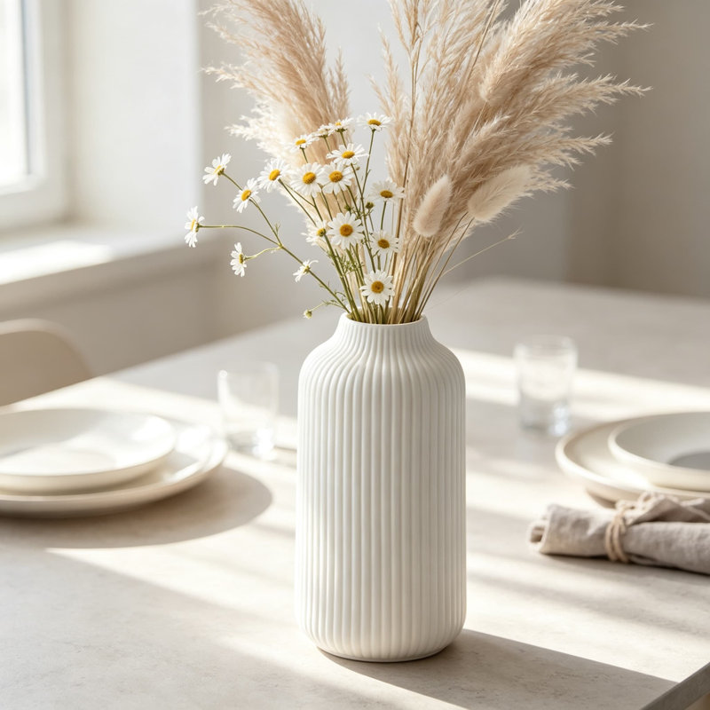 Vase en céramique nordique pour herbes de la pampa et fleurs, fini blanc mat, design rainuré moderne, décoration polyvalente pour le salon, centre de table style bohème
