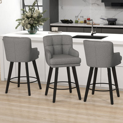 26''H Upholstered 360°Swivel Counter Height Bar Stools, Wood Legs Kitchen Island Chairs