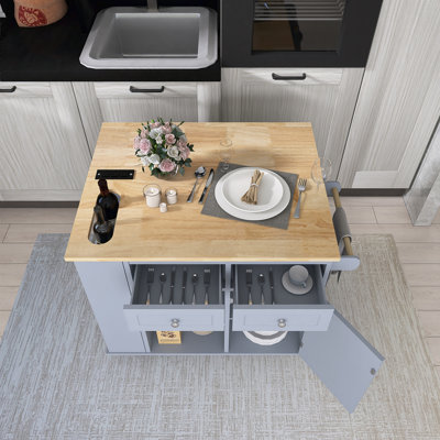 Chariot de cuisine en bois d'hévéa 39,8 "à abattants avec rangement ouvert et 5 roulettes