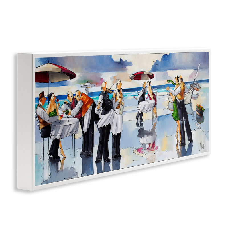 «Fancy Dinner on Beach», estampe numérique encadrée par Ronald West, Giclée encadrée blanc bord de mer, H 13 po x l 30 po