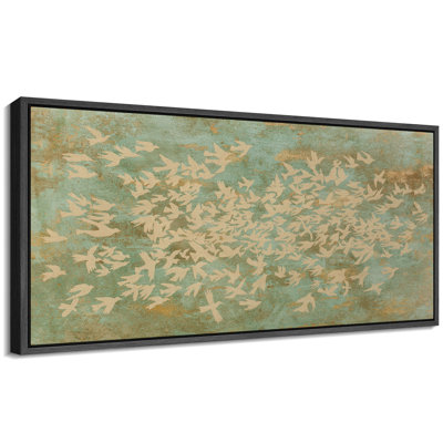 Abstract Green Flying Birds Illustration Rustic Extra Large Pictures Framed Canvas Print Wall Art