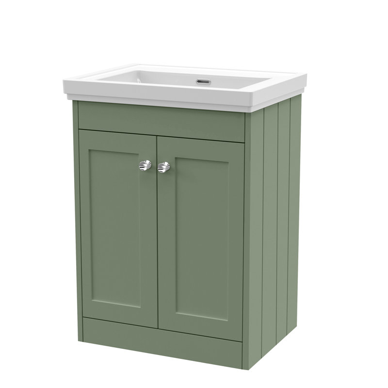 Old London Ashwick Pebble Grey 600mm Floorstanding 2-Door Unit With Basin No Tap Hole, Satin Green