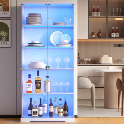 69" H Display Cabinet With Glass Doors,5-Tier Storage Cabinet With Rgb Light& Human Body Sensor