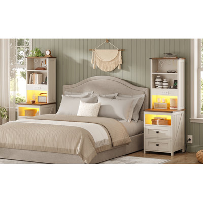 Extral Tall Nightstand Solid Wood with Bookshelf and Charging Station (Set of 2) Wood