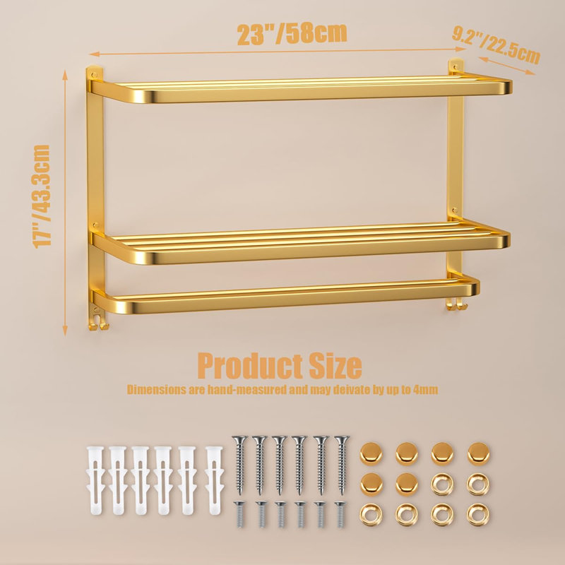 Porte-serviettes mural 23 "à 3 niveaux avec barre et tablette, acier inoxydable, Gold