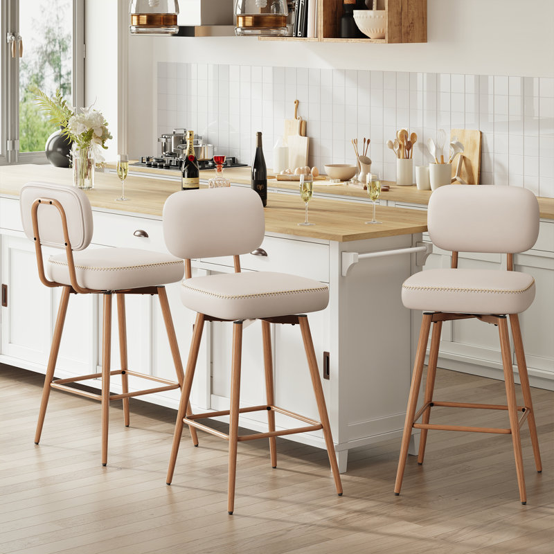 Modern Swivel Upholstered Counter Stools with Metal Frame, Beige