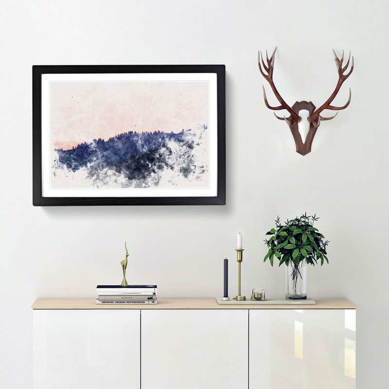 Pink Sunrise Over A Forest - Single Picture Frame Print on MDF, 33cm H x 45cm W x 2cm D, Black Framed
