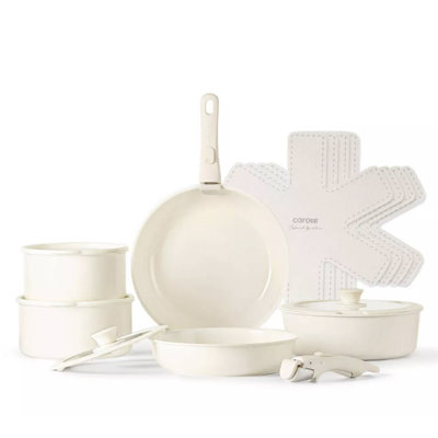 CAROTE 15-Piece Pots and Pans Set, Ceramic Cookware Set with Detachable Handle, Cream White