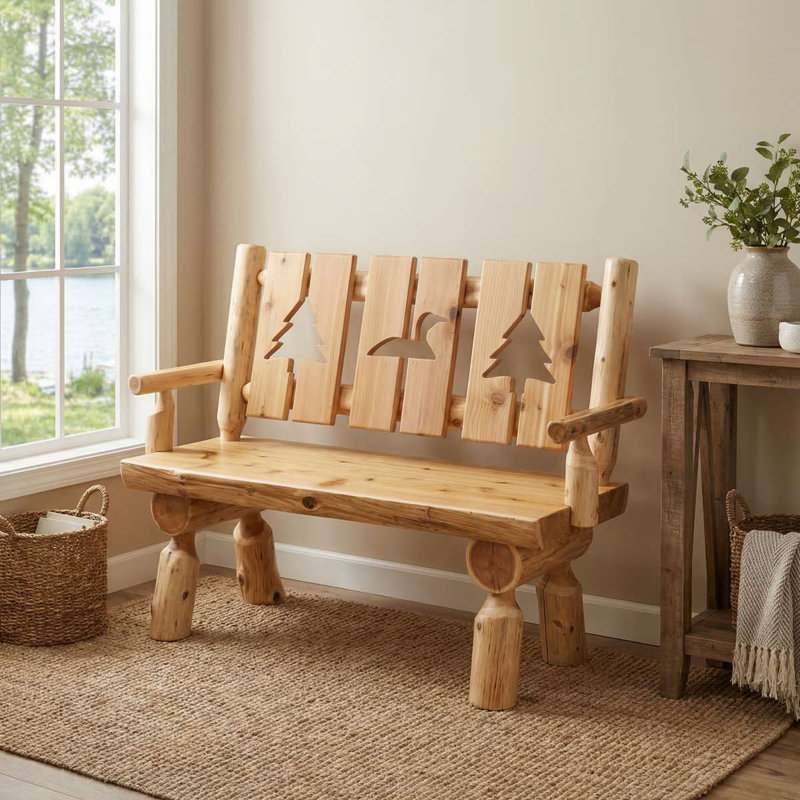 Fireside Lodge Cedar Log 4-foot Cut-out Bench with back and arms - Wood Seat - Natural, 48"