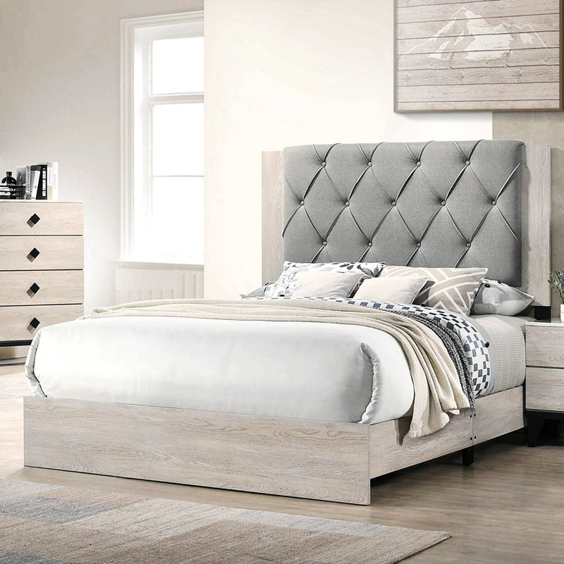 Kipperman Upholstered Platform Bed, California King, Cream/Gray