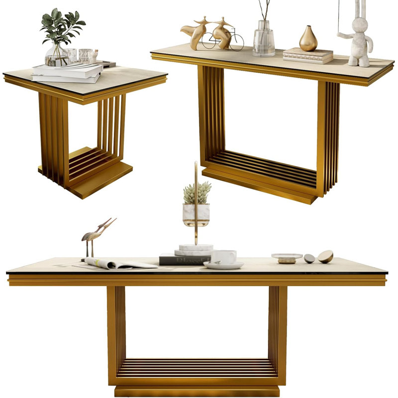 Ensemble de 3 tables de salon en verre trempé 3 pièces, Doré