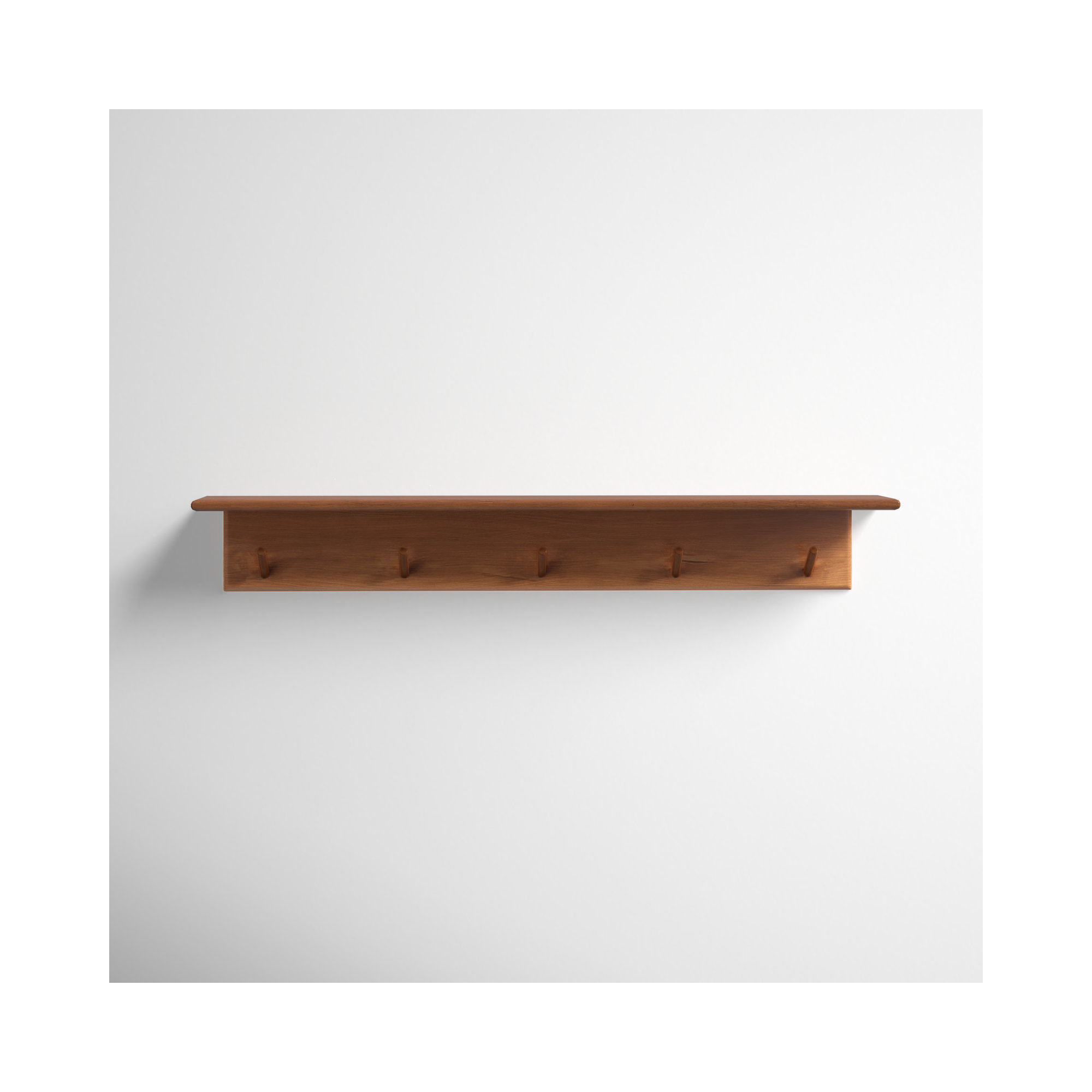 Shea Poplar Solid Wood Floating Shelf with Hooks, Walnut Brown