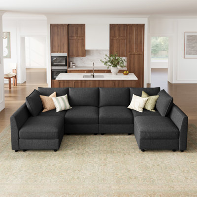 U-shaped Modular Sectional Upholstered Sofa With Storage Seat Dark Grey