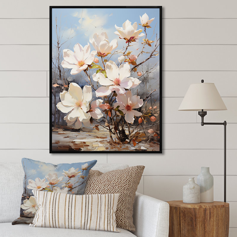 Perle de magnolia blanc dans un jardin ensoleillé sur toile, Cadre flottant noir, H 40 po x l 30 po x P 1,5 po