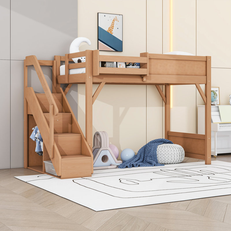 Lit mezzanine en bois avec escalier, garde-robe et garde-corps, Lit simple, Naturel foncé