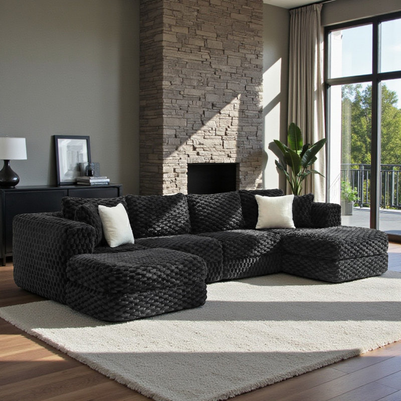 Boneless Modular Boneless Sectional Sofa With Two Movable Ottomans, Black Velvet