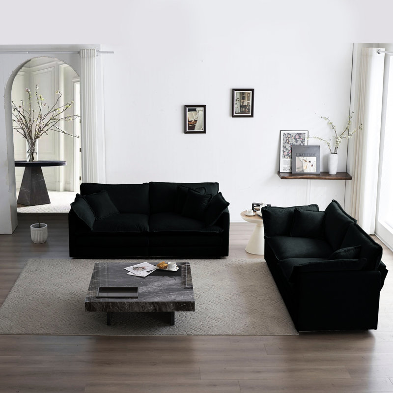 Canapé noir en chenille 2: tissu haut et rembourrage confortable en mousse épaisse