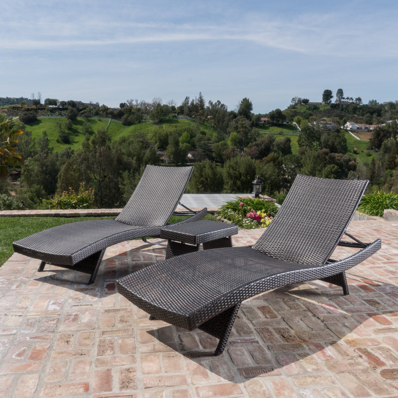 East Village Outdoor Wicker Chaise Lounge Set with Table, Mixed Mocha