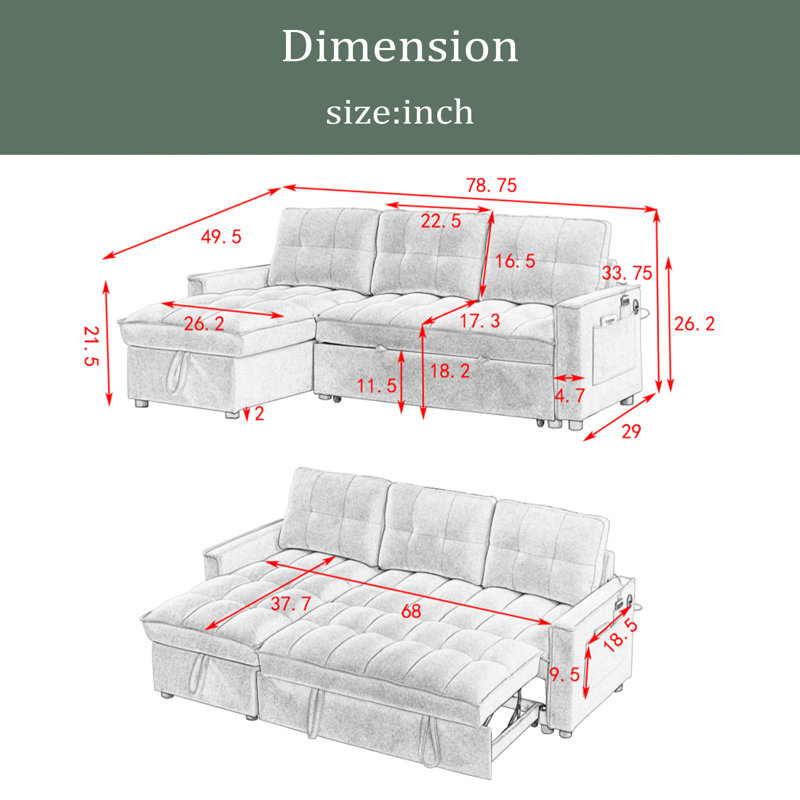 Canapé inclinable de 78,75 po, canapé-lit escamotable avec ports de chargement USB et Tape-C, canapé modulaire en forme de L avec rangement inclinable et rangement avec accoudoirs, canapé de salon confortable
