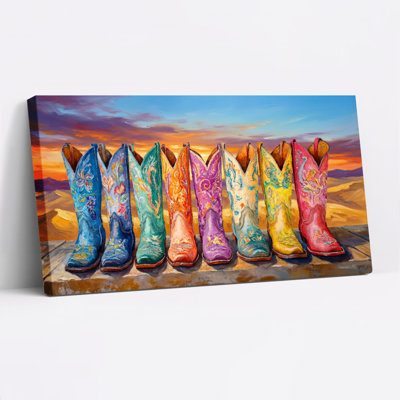 Colorful Cowboy Boots Western Landscape Canvas Wrapped Wall Art Oil Painting Print Set Of 1