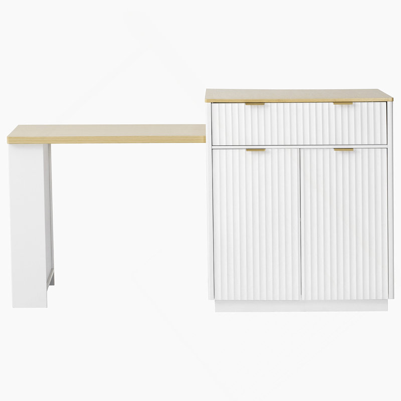 82.6" Fluted Kitchen Island With Extendable Dining Table For 4-6, Island Table For Kitchen With Power Outlet, Kitchen Table With Double-Side Storage, 2 Drawers 2 Side Open Shelves