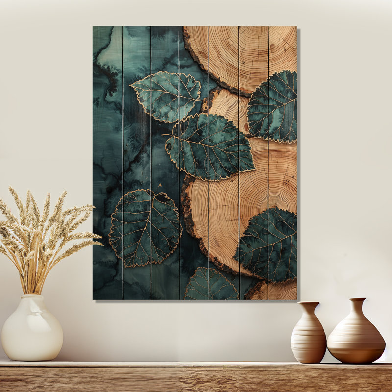 Agate River Of Leaves Wood Slide III - Leaves Wood Wall Decor - On Natural Pine Wood, 32" H x 24" W x 0.78" D
