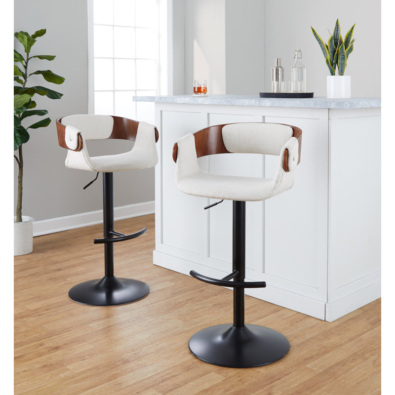 Laurenzio Swivel Upholstered Adjustable Height Counter Stool with Metal Frame, Black, Cream Fabric/Walnut Wood