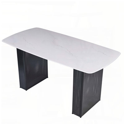 Table de salle à manger rectangulaire en verre trempé avec motif en marbre et base noire à double piédestal