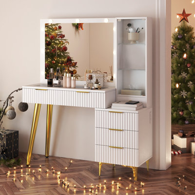 Meuble-lavabo large, bureau de maquillage avec miroir, coiffeuse à 5 tiroirs, coiffeuse à plateau en verre pour chambre à coucher